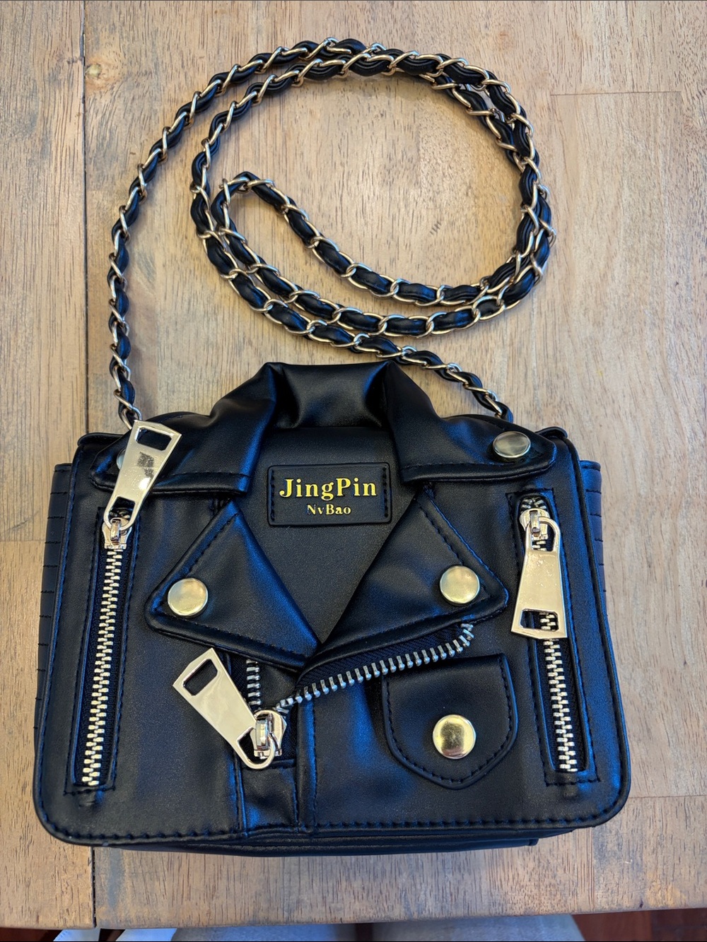 JingPin Black Faux Leather Motorcycle Jacket Crossbody Bag
